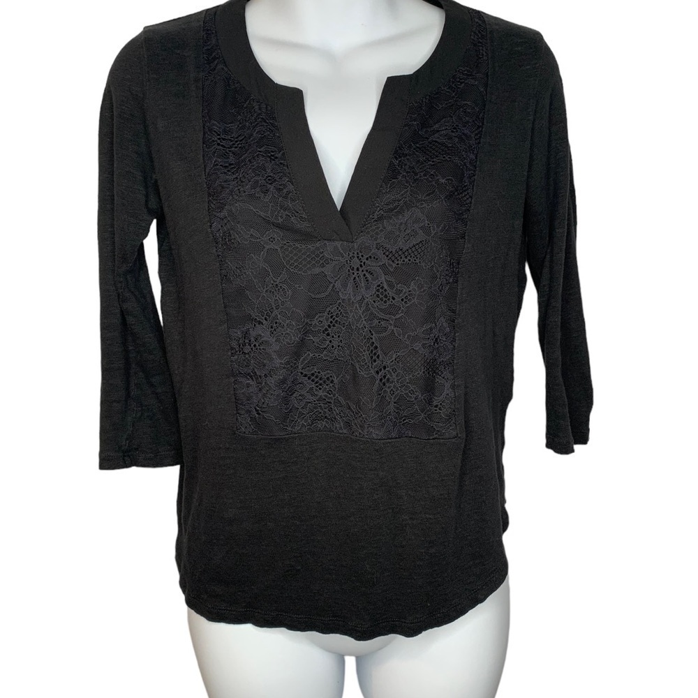 Sandro Paris Black Line Split V Neck 3/4 Sleeve Blouse Lace Applique Size 1